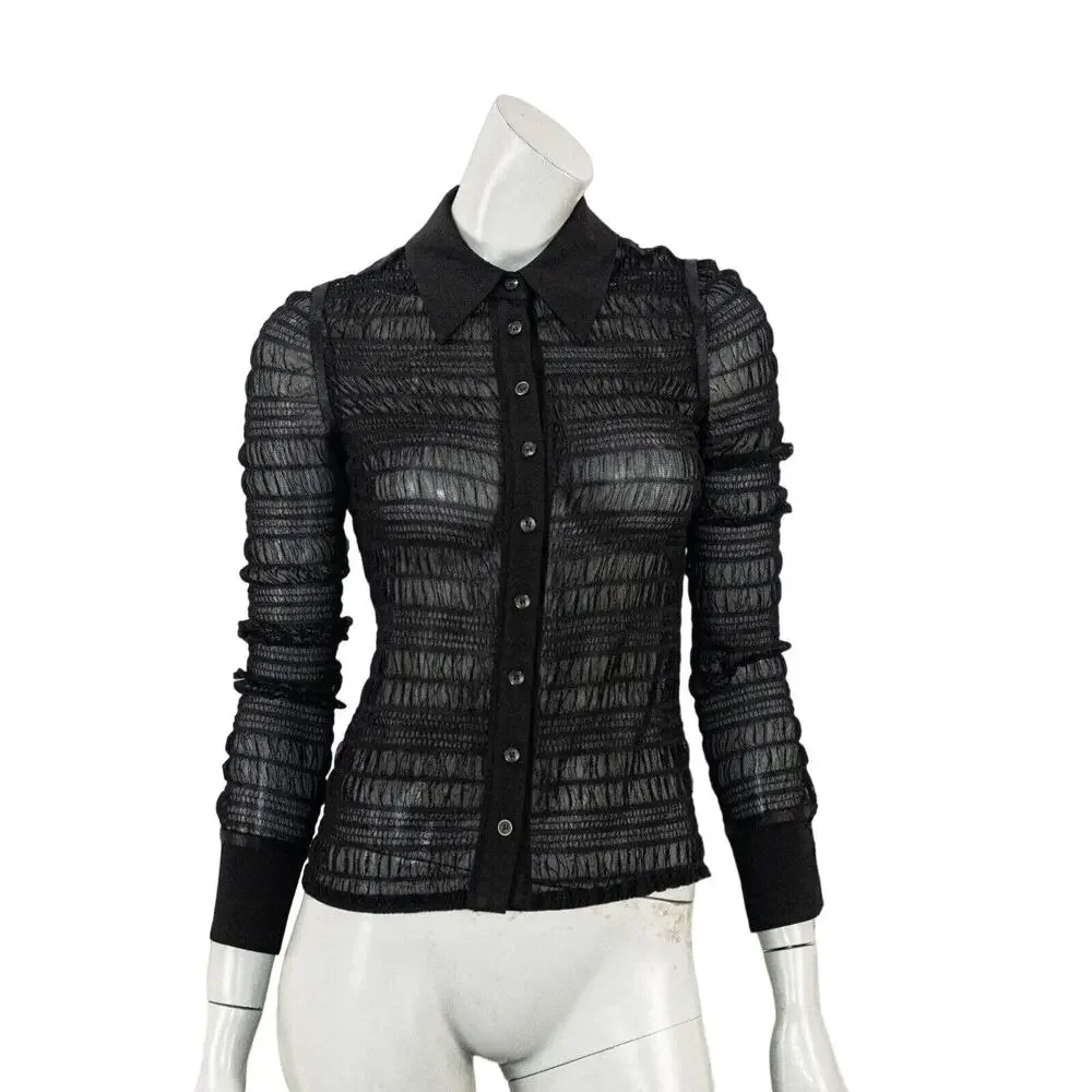 Jonathan Simkhai Black Sheer Ruched Button-Up Blouse